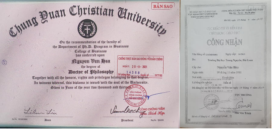 Bằng Tiến sỹ của ông N.V.H, Hiệu trưởng trường Đại học Kinh Bắc.