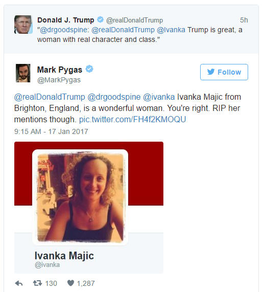 Ông Trump nhầm lẫn con gái mình với một cô gái cũng có tên Ivanka và đang sống tại Anh. (Ảnh: Twitter)