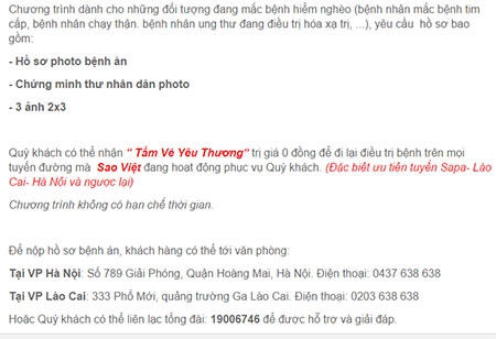 Thông tin chương trình "Tấm vé yêu thương" của nhà xe Sao Việt.