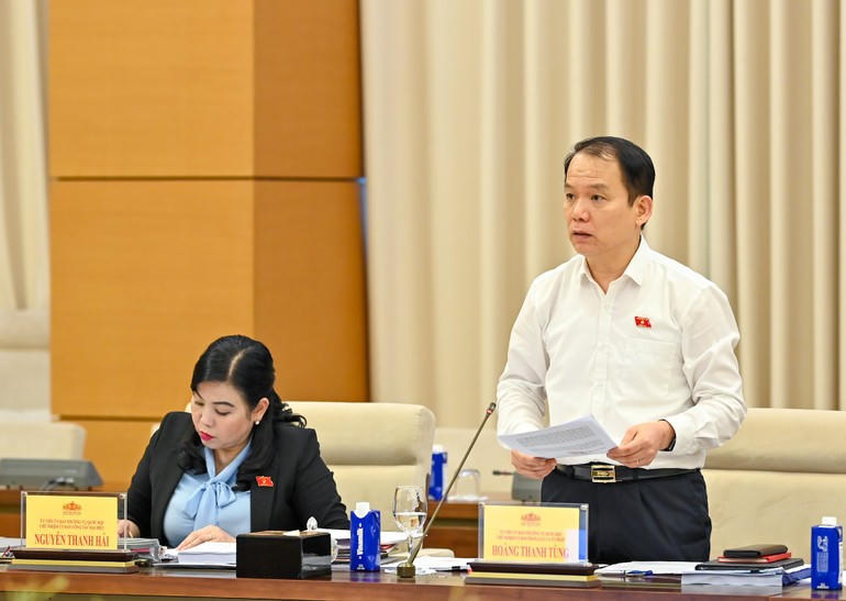 Chủ nhiệm Ủy ban Pháp luật và Tư pháp Hoàng Thanh Tùng trình bày báo cáo tại phiên họp. (Ảnh: Duy Linh)
