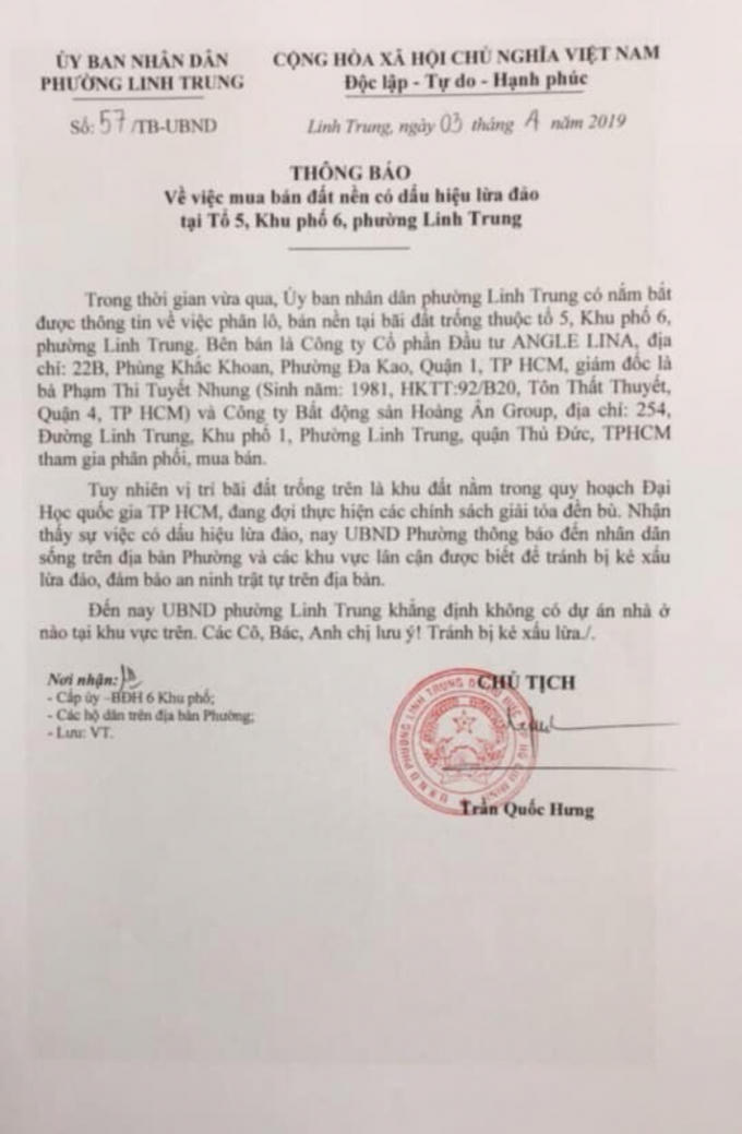 Thông báo của UBND phường Linh Trung, Thủ Đức cảnh báo người dân về 2 Công ty có dấu hiệu lừa đảo bán đất nền thuộc quy hoạch xây dựng trường ĐH Quốc gia TP HCM