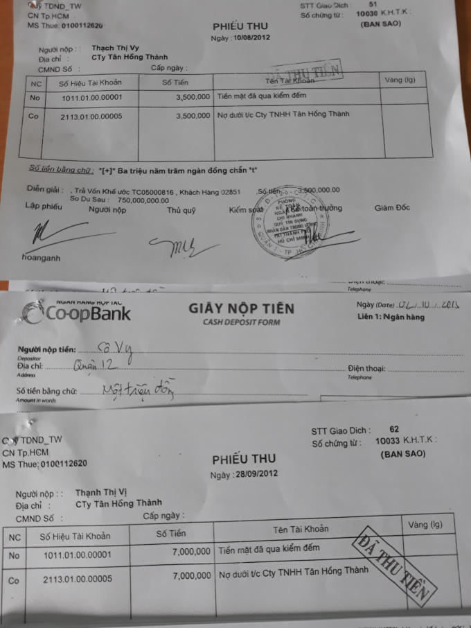 Phiếu thu thể hiện việc hàng tháng người dân phải nộp tiền trả nợ thay vào ngân hàng cho ông Văn.