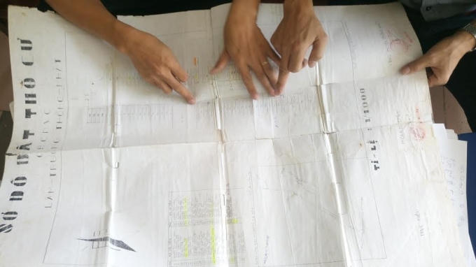 Sơ đồ phân lô đất, thể hiện hộ bà Huế, ông Thuỳ thuộc lô A33.