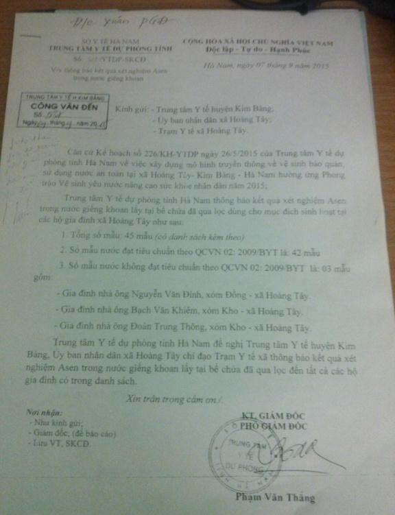 Thông báo kết quả của Trung tâm Y tế dự phòng tỉnh Hà Nam