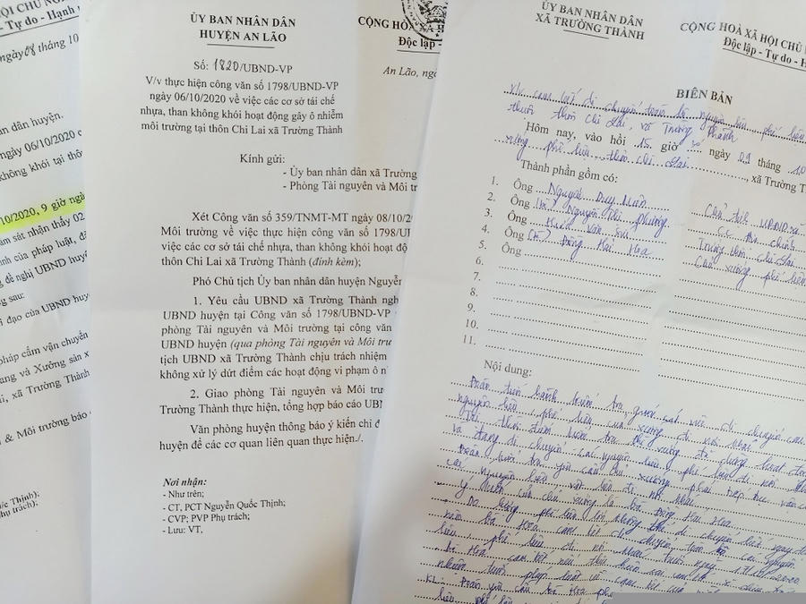 Công văn chỉ đạo của UBND huyện An Lão và biên bản làm việc giữa chủ xưởng phế liệu vi phạm và chính quyền.