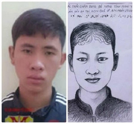 Đối tượng tại cơ quan công an và hình phát họa chân dung đối tượng.