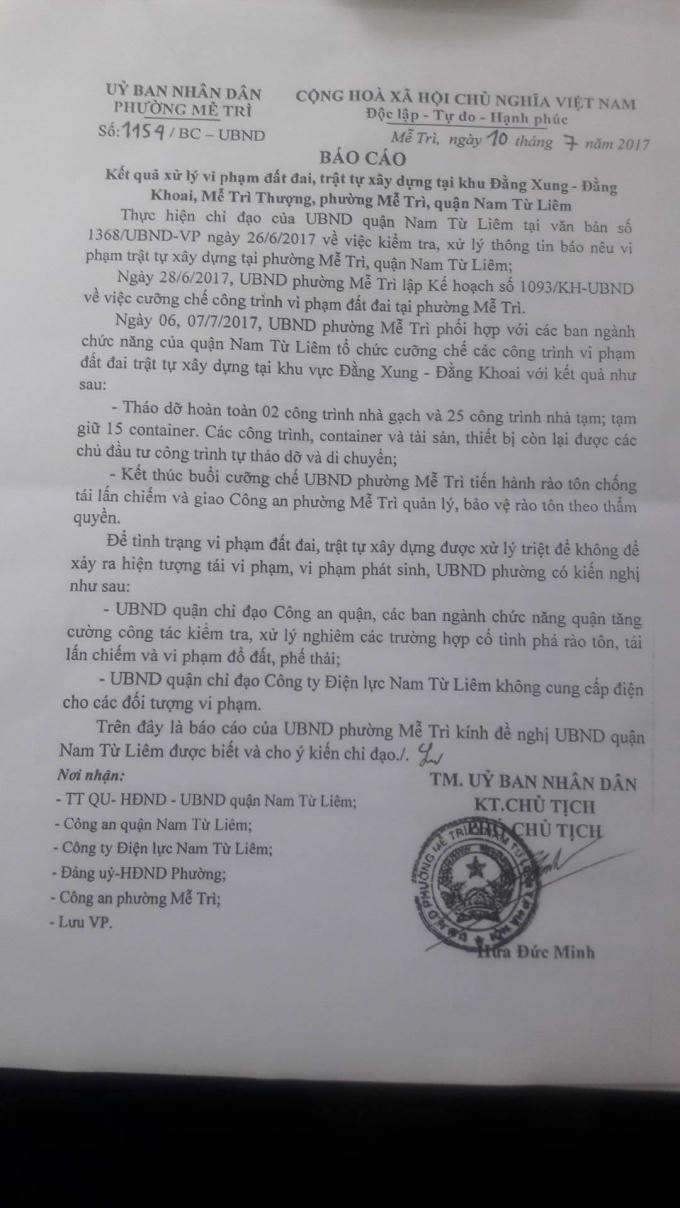 Văn bản báo cáo của UBND phường Mễ Trì.