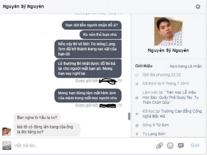 Đoạn tin nhắn tố Facebooker Nguyên Sỹ Nguyên đòi tiền chuộc là thật.(Ảnh:Tin nóng Lạng Sơn).