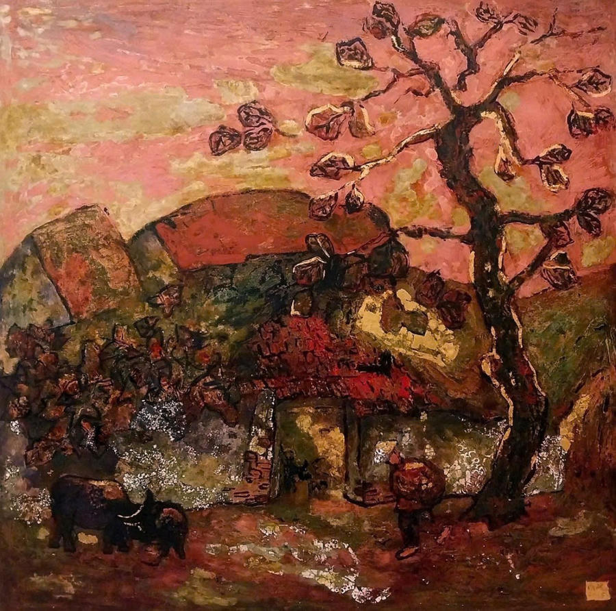 Phạm Hồng Phương – Cây bàng – Sơn mài, 2025.