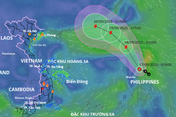 Hướng di chuyển của áp thấp nhiệt đới khả năng mạnh thành bão số 8. Nguồn: Hệ thống giám sát thiên tai Việt Nam 