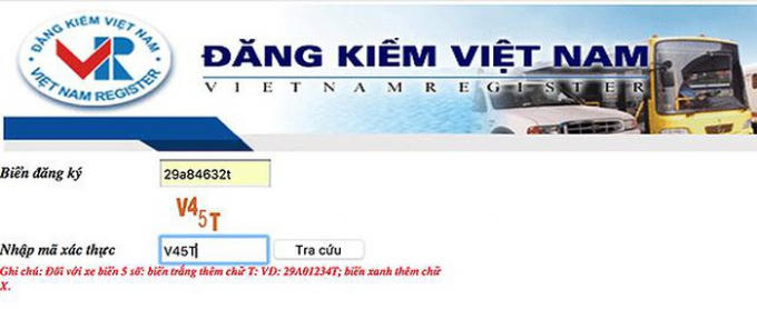 Nhập thông tin về biển số xe để tra cứu vi phạm trên website của Cục Đăng kiểm Việt Nam.