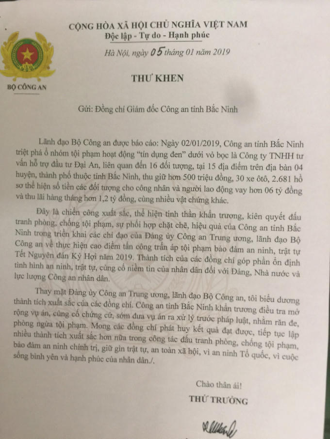 Thượng tướng Lê Qúi Vương - Thứ trưởng Bộ Công An gửi thư khen Công an tỉnh Bắc Ninh.