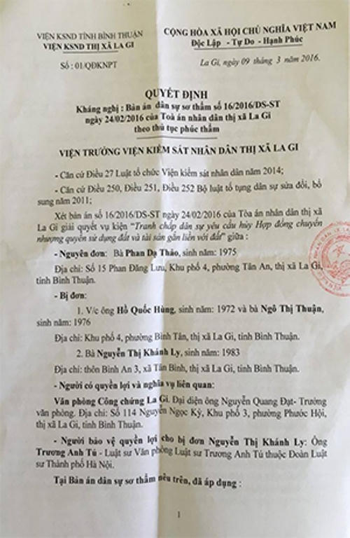 Quyết định kháng nghị của VKSND thị xã La Gi.