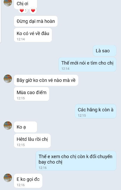 Nhân viên đại lý vé khuyên chị T không nên hủy vì không còn hãng nào còn vé những ngày cao điểm tết.