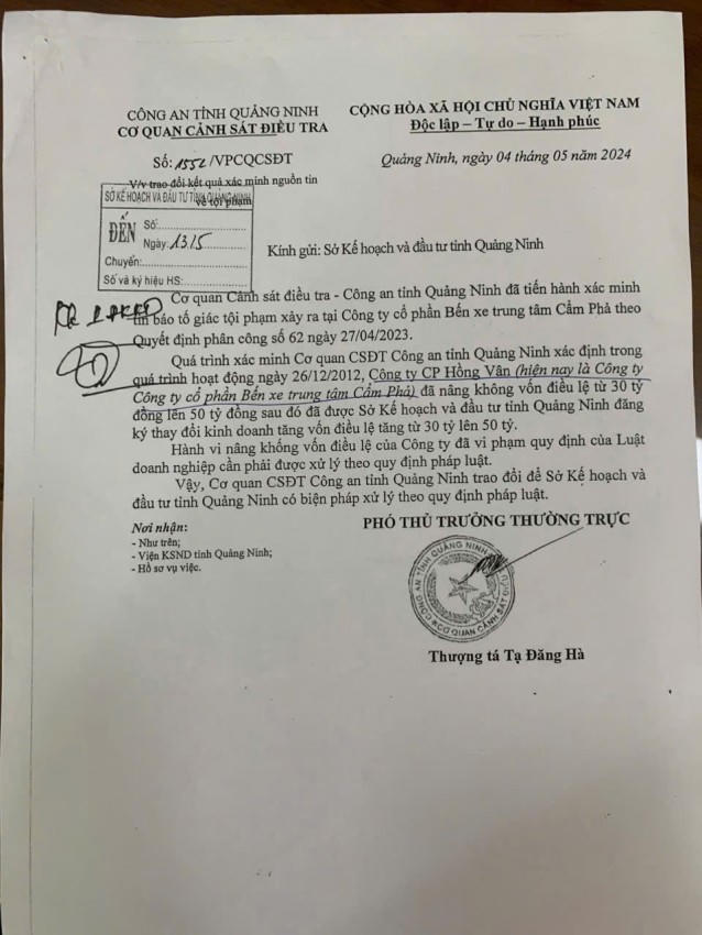 Văn bản của cơ quan CSĐT Công an tỉnh Quảng Ninh xác định hành vi nâng khống vốn điều lệ của Công ty Hồng Vân nay là Công ty Cổ phần bến xe Cẩm Phả là vi phạm quy định của Luật Doanh nghiệp cần phải được xử lý theo quy định.