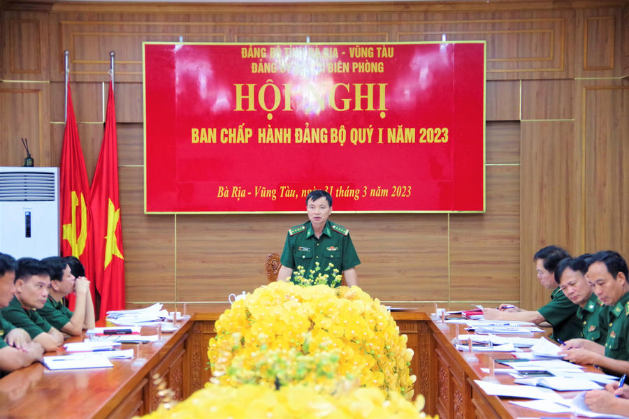 Đại tá Đào Xuân Ánh, Bí thư Đảng ủy, Chính ủy BĐBP tỉnh Bà Rịa – Vũng Tàu phát biểu kết luận tại hội nghị.