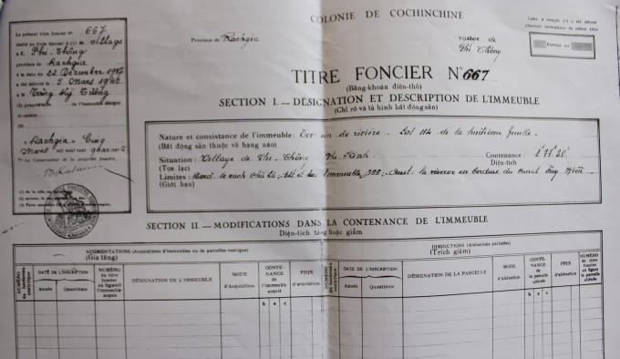 Bằng khoán đất thời Pháp chứng nhận quyền sử sụng đất của ông Tăng Kiến Tường.