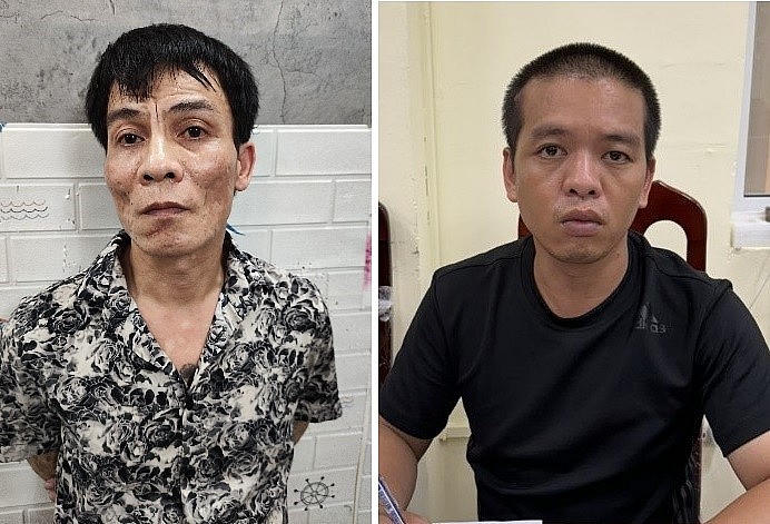 Đối tượng Phạm Anh Tuấn và Đặng Minh Đoàn tại cơ quan Công an. Ảnh: CAHN.