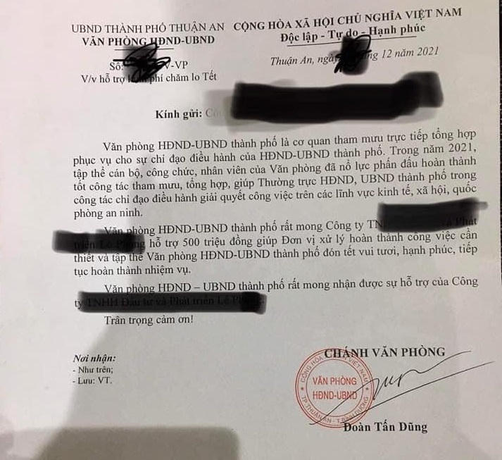 Văn bản của Văn phòng UBND thành phố Thuận An ‘xin’ doanh nghiệp 500 triệu đón tết