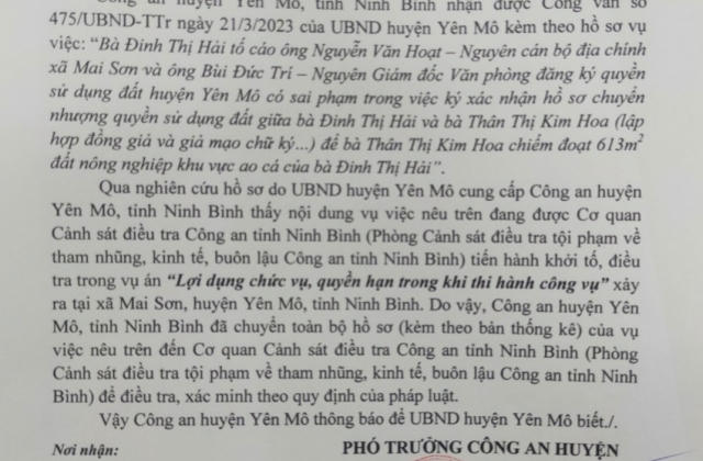 Vụ giả mạo chữ ký: Công an huyện Yên Mô chuyển hồ sơ sang Công an tỉnh Ninh Bình để điều tra