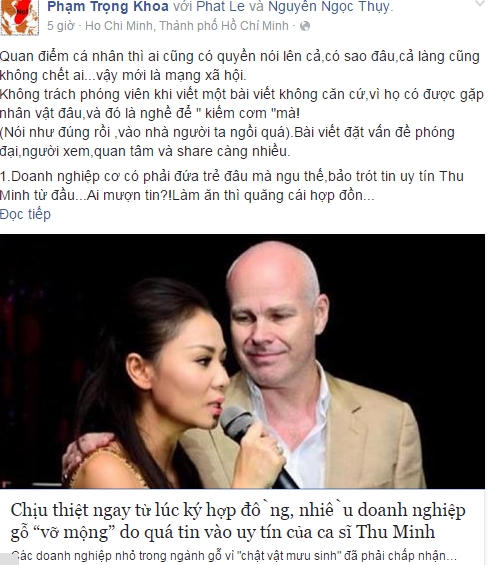 Status được đăng trên trang cá nhân người quản lý của Thu Minh. Ảnh: Facebook nhân vật.