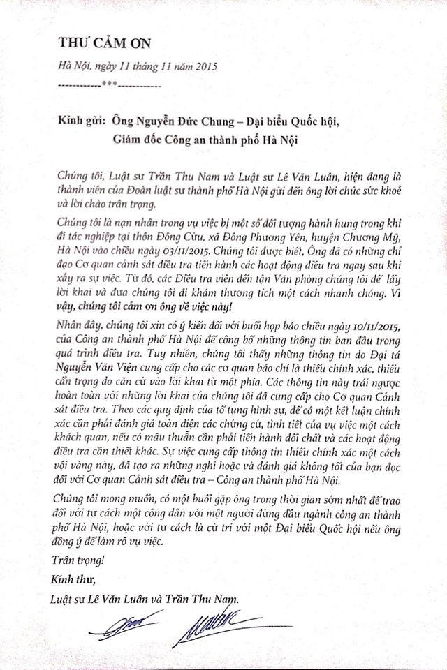 Bức thư luật sư Lê Văn Luân và Trần Thu Nam gửi GĐ Công an TP. Hà Nội.
