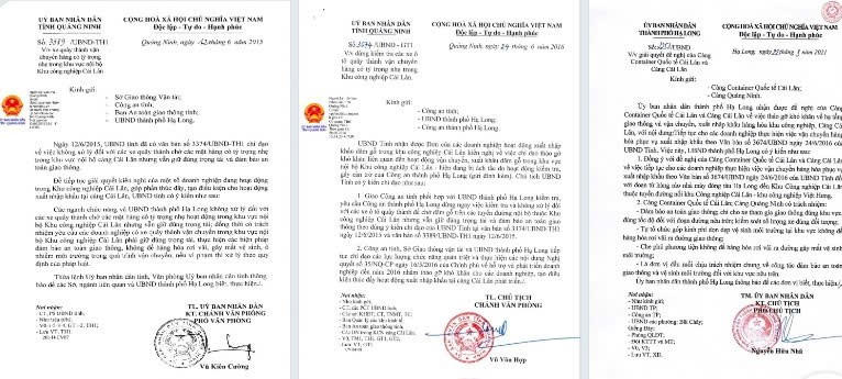 Các văn bản của UBND tỉnh Quảng Ninh và UBND TP Hạ Long gửi các cơ quan chức năng dừng kiểm tra và không xử lý đối với các xe quây thành, cơi nới chở hàng trong Khu công nghiệp Cái Lân.