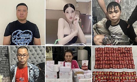 Các đối tượng và tang vật bị thu giữ trong đường dây ma túy xuyên quốc gia do Trung “ngọng” điều hành.