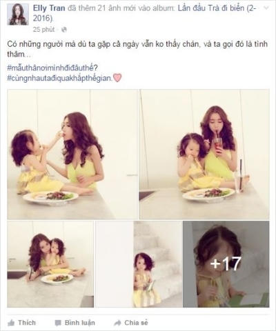 Elly Trần đăng loạt ảnh đi biển lần đầu tiên của 2 mẹ con. Ảnh: facebook.