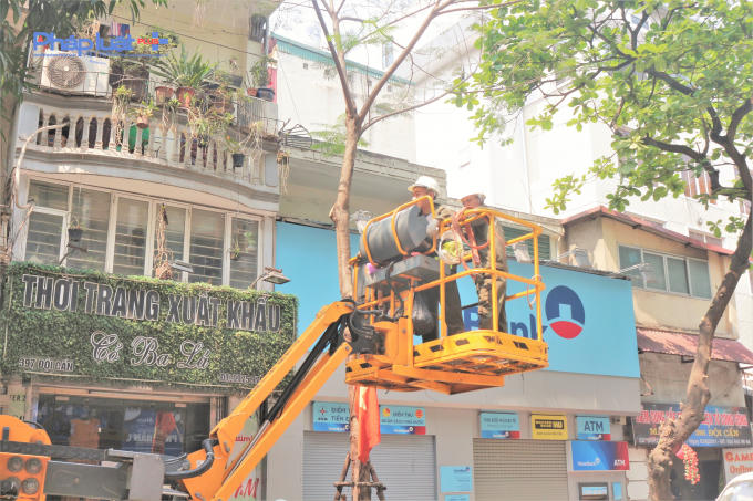 Mặc dù đang là giữa trưa nắng, nhiệt độ có lúc lên tới 38 - 39 độ C, nhưng nhiều công nhân vẫn đang tiến hành cắt tỉa cây xanh khi đây là thời điểm ít phương tiện qua lại.
