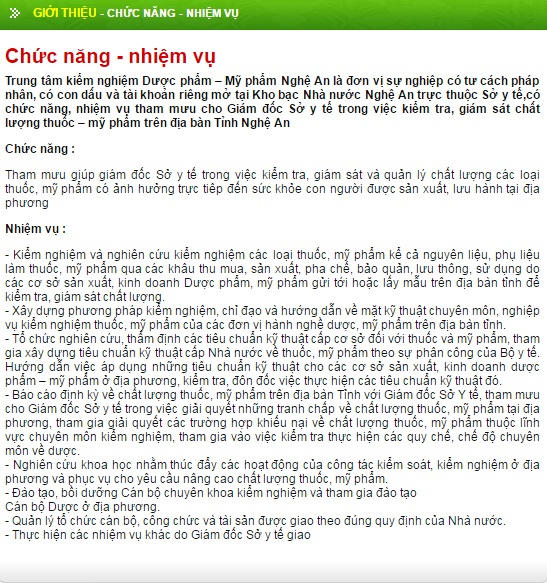 Chức năng, nhiệm vụ của Trung tâm kiểm nghiệm Dược phẩm - Mỹ phẩm Nghệ An. Ảnh: Website Trung tâm.