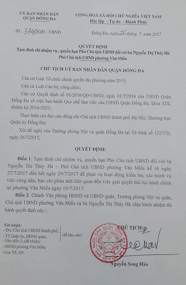 Quyết định đình chỉ 3 ngày đối với Phó chủ tịch phường Văn Miếu.