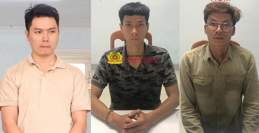 Các đối tượng Huỳnh Trọng Hiệp, Phạm Viết Vinh và Nguyễn Thành Đạt (từ trái qua) bị bắt giữ. Ảnh: CA