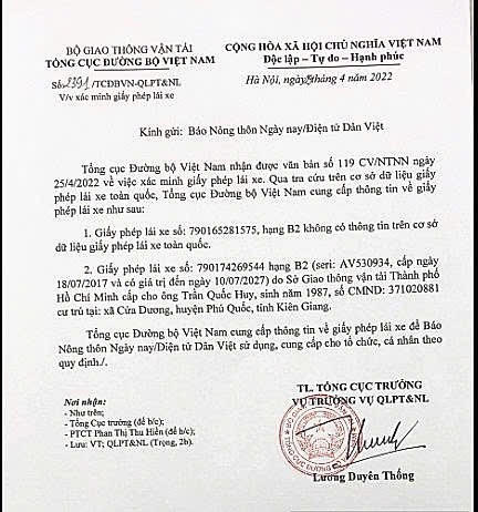 Công văn của Tổng cục Đường bộ trả lời Báo Nông thôn ngày nay, khẳng định Giấy phép lái xe 790165281575, hạng B2 không có thông tin trên hệ thống.