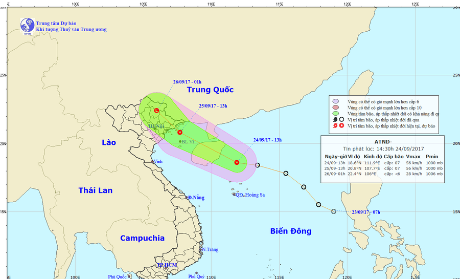 Vị trí, hướng đi của áp thấp nhiệt đới trên Biển Đông. Ảnh: nchmf.gov.vn