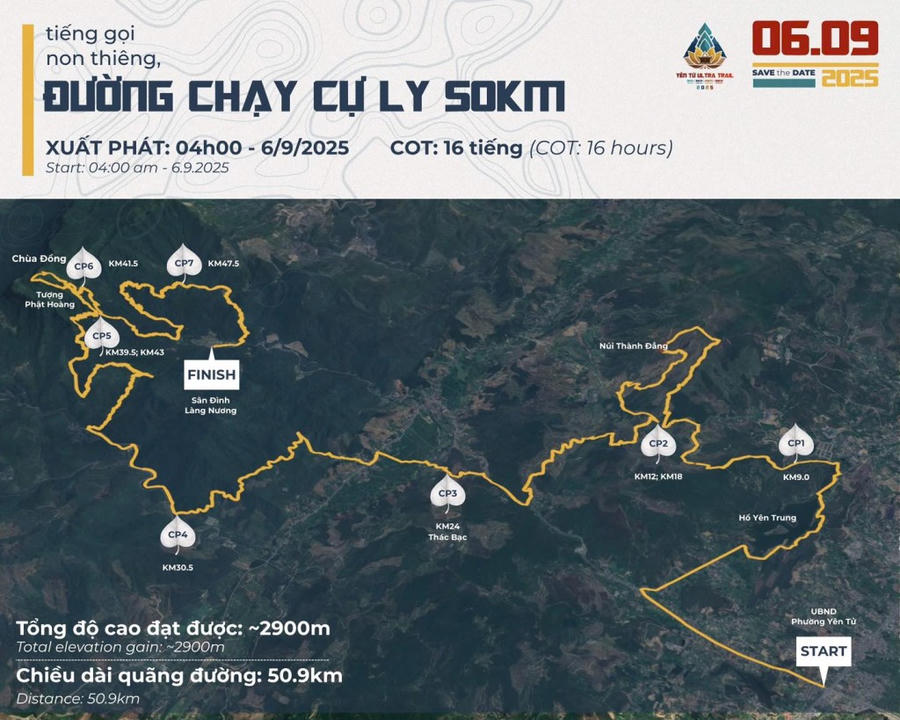 Sơ đồ đường chạy giải chạy Ultra Trail Yên Tử 2025 ở cự ly: 50km