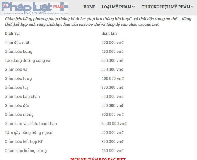 Bảng giá dịch vụ của thẩm mỹ viện Thu Trúc.