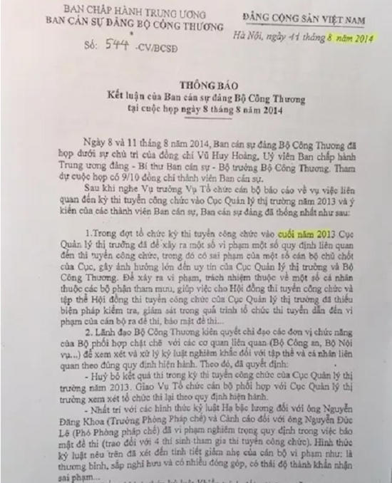 Bộ Công Thương cũng có công văn quyết định: Huỷ bỏ kết quả thi trong kỳ thi tuyển công chức của Cục Quản lý thị trường năm 2013 và xử lý các cán bộ vi phạm.