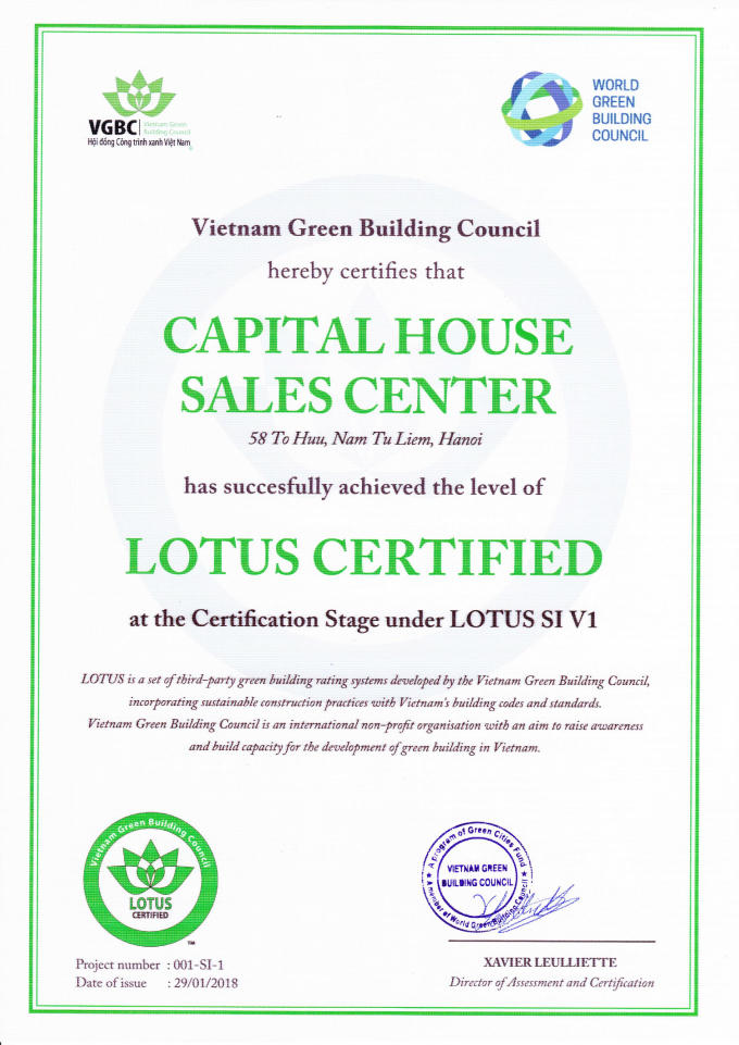 Capital House Sales Center nhận chứng chỉ xanh LOTUS SI