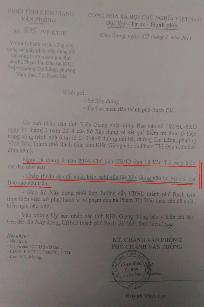 Bà Đào cho rằng, Công văn số 895/VP- KTTH của VP UBND tỉnh Kiên Giang gửi Sở Xây dựng, UBND TP Rạch Gía đồng ý kiến nghị của Sở Xây dựng về việc giải quyết công trình bà Đào, nhưng UBND TP Rạch Gía không thực hiện?