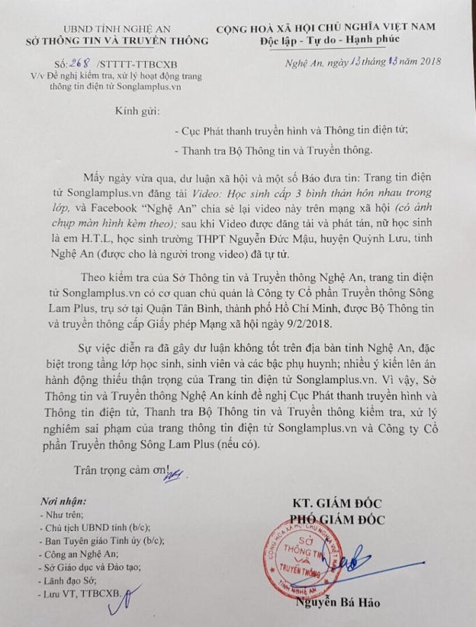 Công văn Sở TT&amp;TT Nghệ An gửi Thanh tra Bộ TT&amp;TT đề nghị kiểm tra, xử lý trang tin liên quan đến đoạn clip.