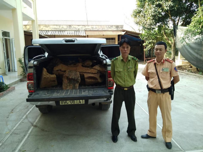 Xe bán tải ch gỗ Bách Xanh lậu bị lực lượng chức năng bắt giữ.
