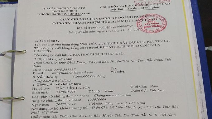 Đăng kí kinh doanh của công ty TNHH xây dựng Khoa Thành mới được đăng kí, thành lập vào ngày 10/11/2015.