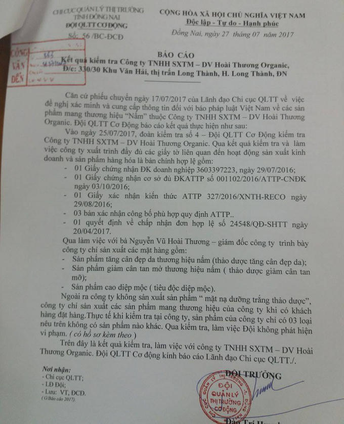 Báo cáo của đoàn kiểm tra về Công ty Hoài Thương.