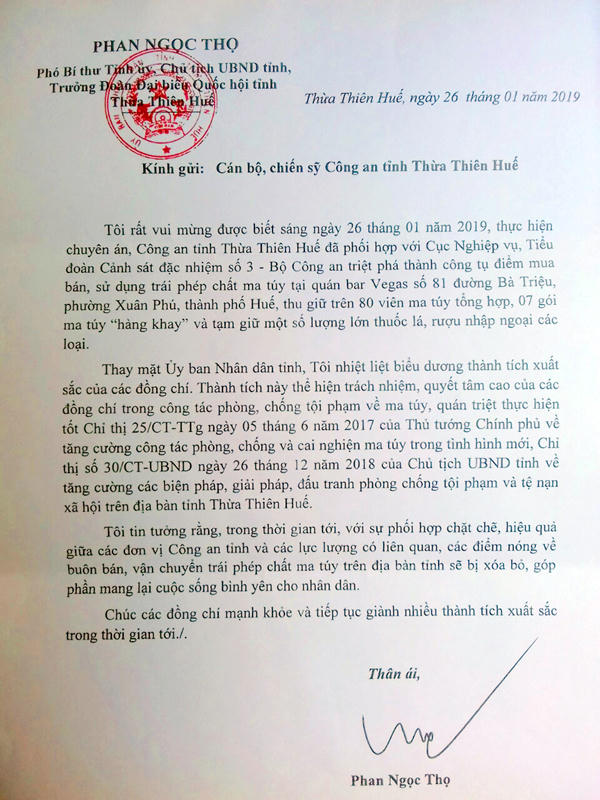 Bức thư của Chủ tịch UBND tỉnh Thừa Thiên - Huế Phan Ngọc Thọ.