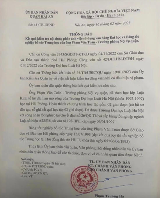 Văn bản Thông báo của UBND quận Hải An về kết quả kiểm tra bằng cấp của ông Toàn.