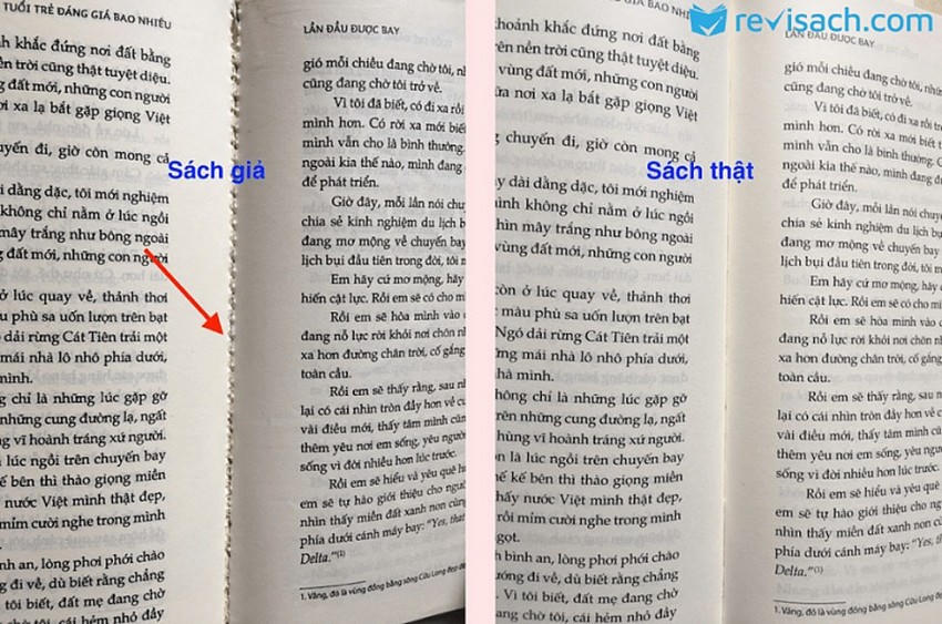 Sách giả đóng gáy cẩu thả, gáy sách mỏng, dễ bong, tách rời khỏi bìa sách (Ảnh: Revisach.com)