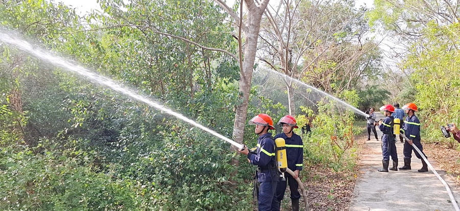 Các lực lượng diễn tập chữa cháy rừng đặc dụng Vườn chim Bạc Liêu năm 2025.