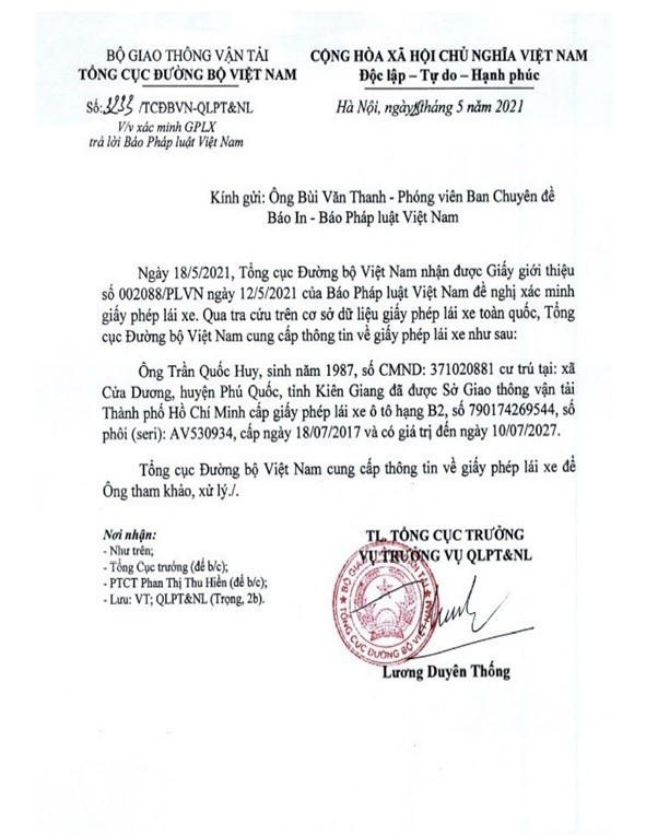 Công văn của Tổng cục Đường bộ trả lời Báo Pháp luật Việt Nam, khẳng định Giấy phép lái xe ô tô của ông Trần Quốc Huy cấp ngày 18/7/2017, tức sau thời điểm xảy ra vụ tai nạn hơn 2 tháng.