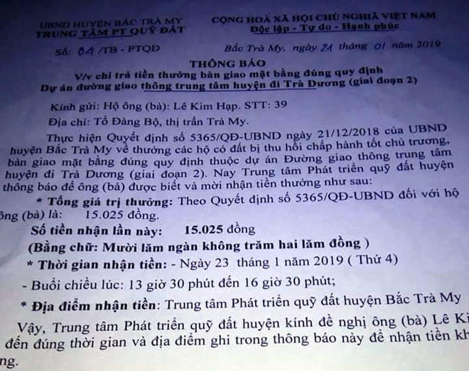 Thông báo thưởng 15.025 đồng chô hộ ông Hạp.